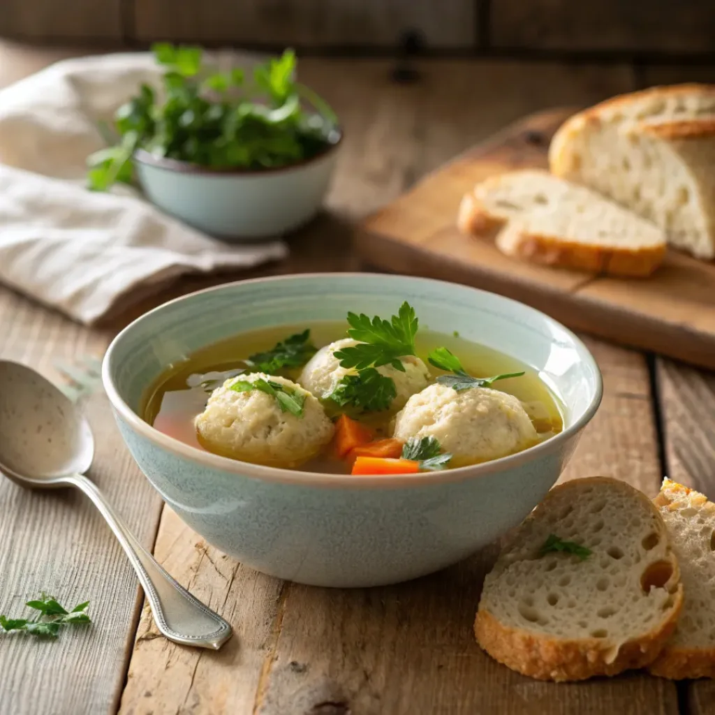 Matzo ball soup served with parsley garnish and bread