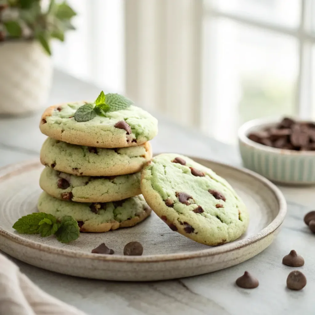 Mint chocolate chip cookies with visible chocolate chips stacked on a plate