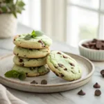 Mint chocolate chip cookies with visible chocolate chips stacked on a plate