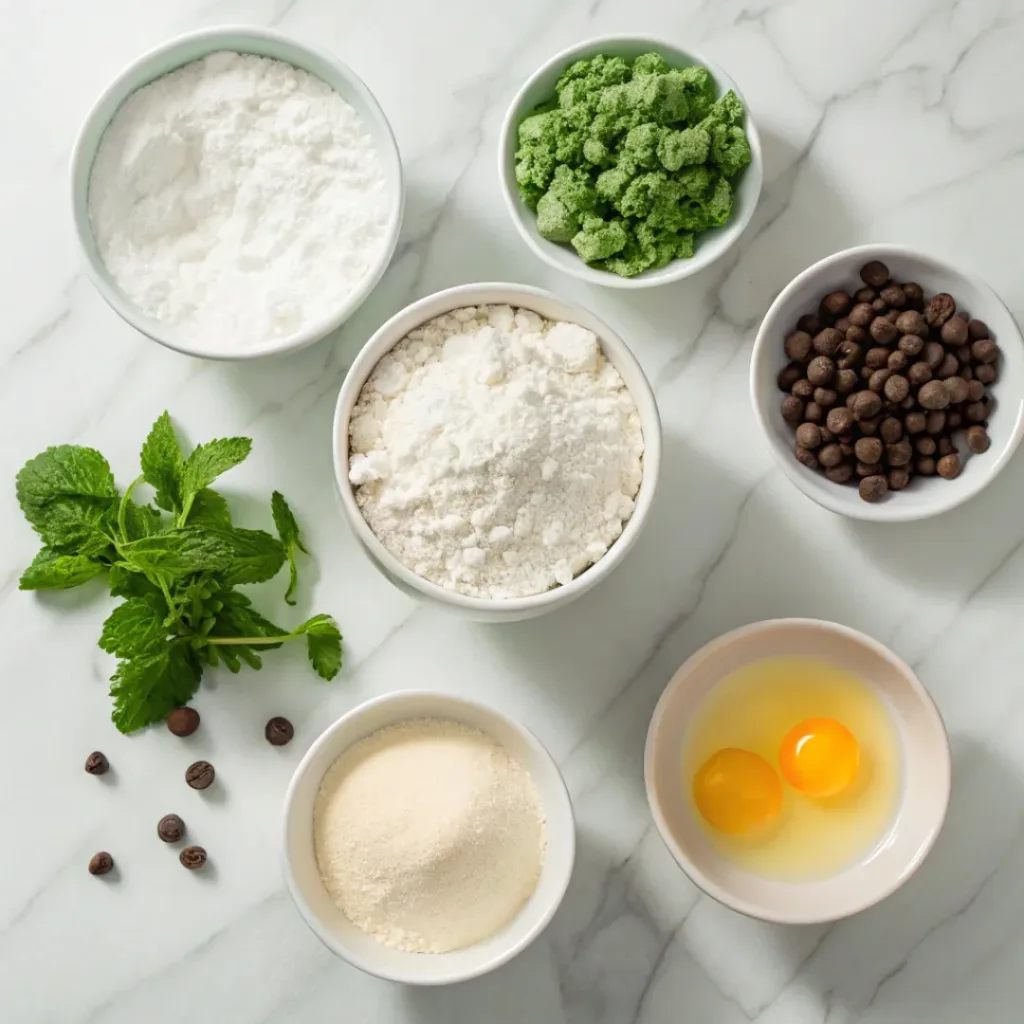 Top-down view of mint chocolate chip cookie ingredients including flour, sugar, butter, eggs, mint extract, and chocolate chips