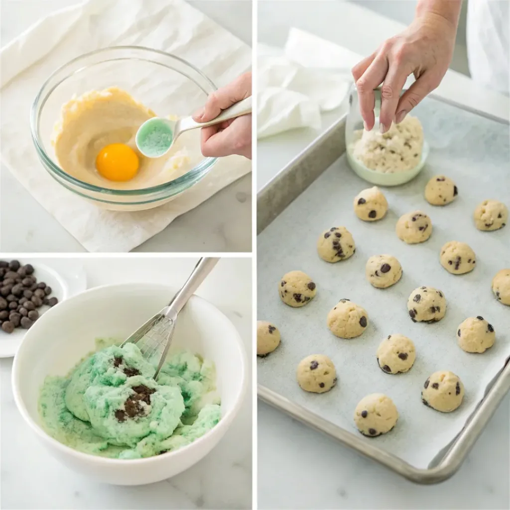 Collage showing four steps to make mint chocolate chip cookies: mixing dough, adding mint flavor, folding chocolate chips, and placing dough on a baking sheet