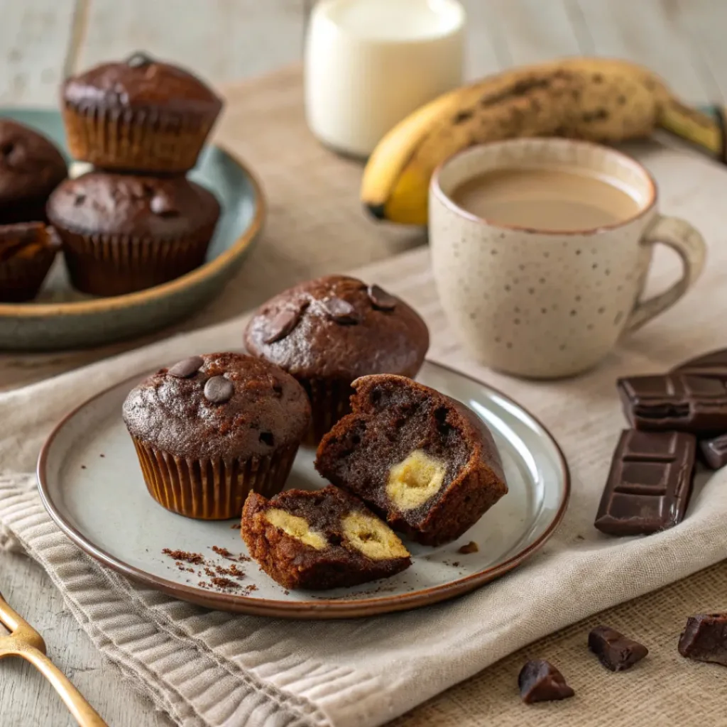 Chocolate banana muffins served with coffee showing moist interior