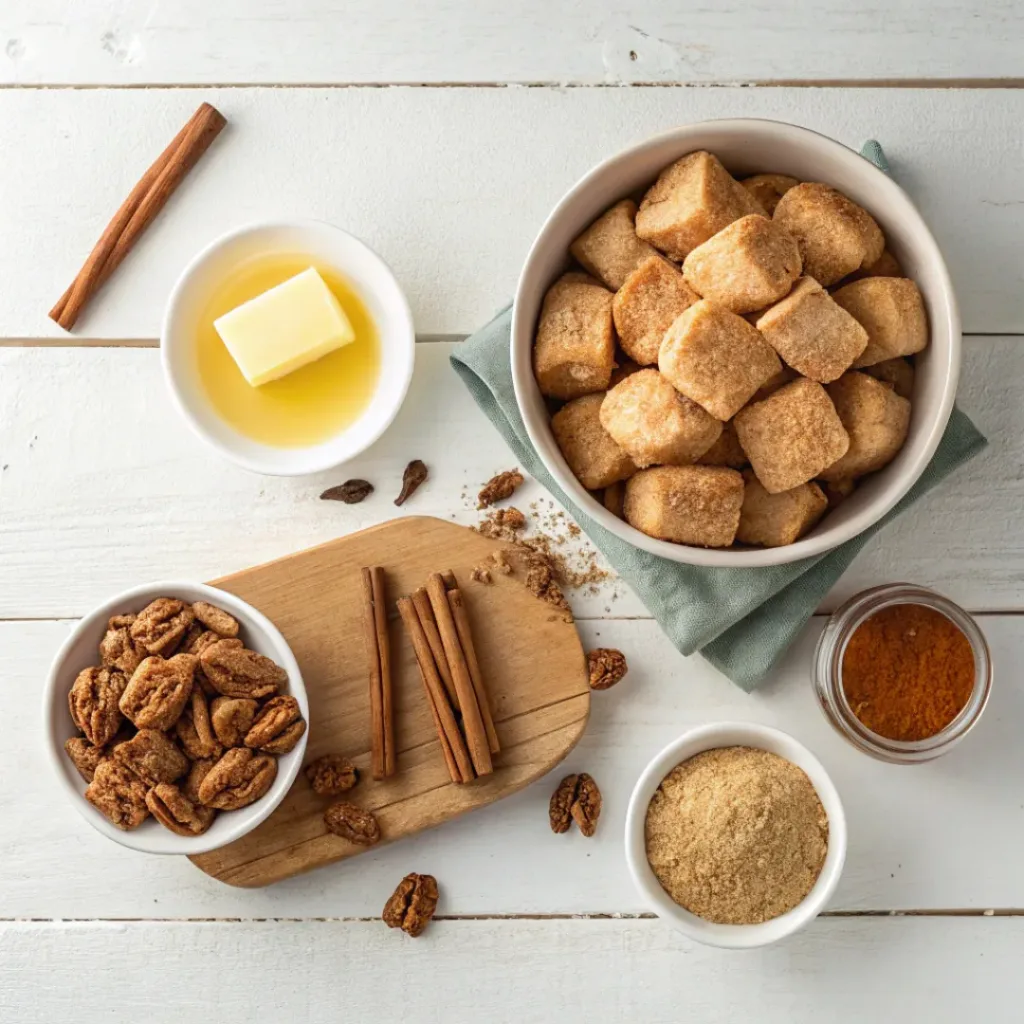 Monkey Bread – Gooey Pull-Apart Sweet Treat 6 Top-down view of monkey bread ingredients including biscuit dough, cinnamon, sugars, butter, and nuts