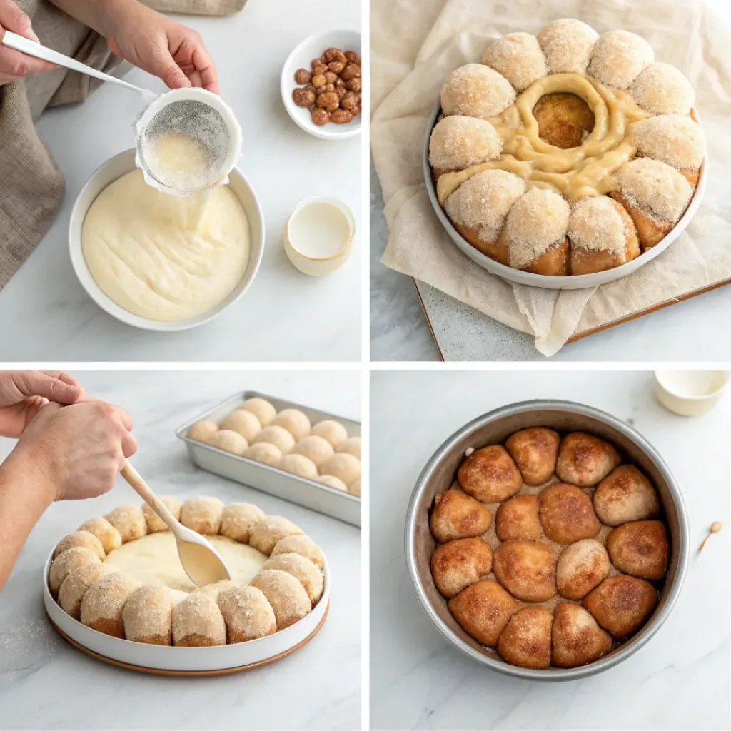 Monkey Bread – Gooey Pull-Apart Sweet Treat 7 Collage showing four steps to make monkey bread: coating dough, layering, adding butter, and pulling apart