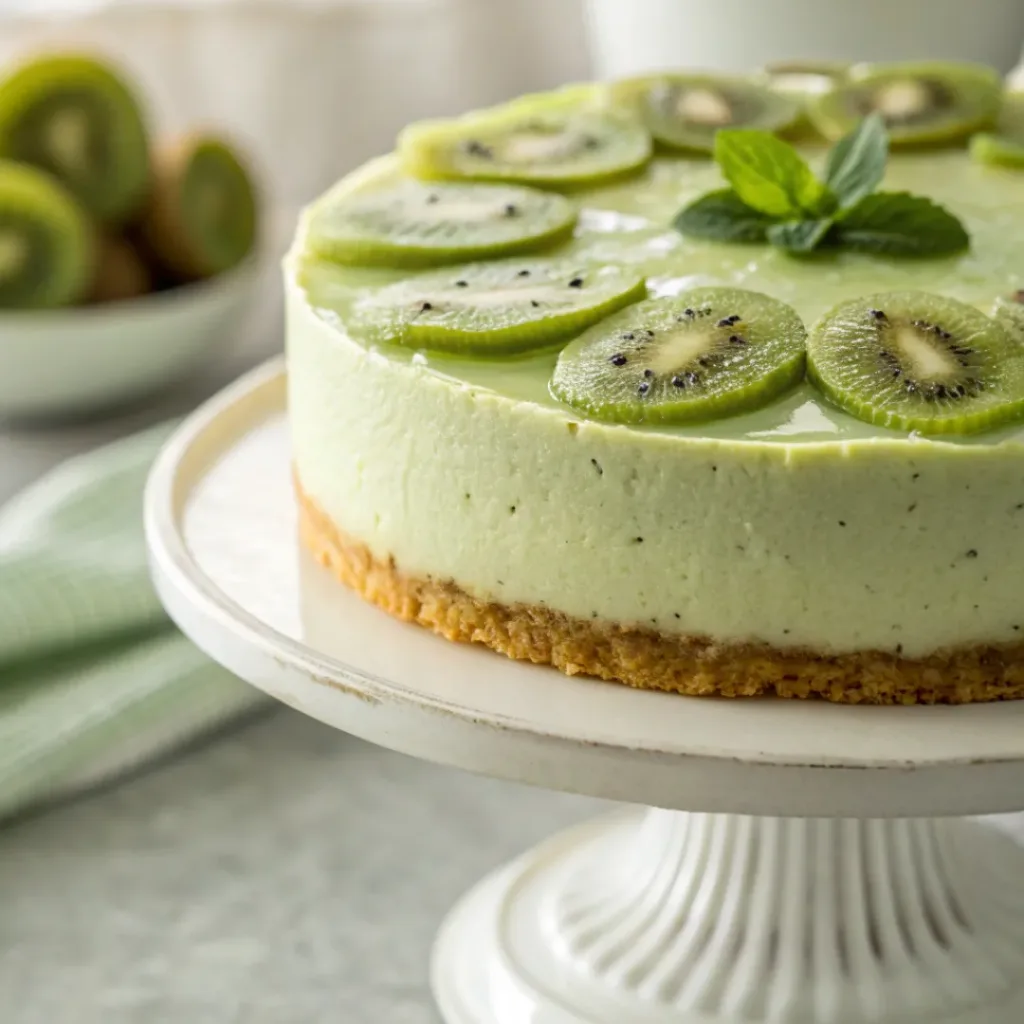 Slice of no bake kiwi cheesecake