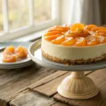 Creamy no-bake mandarin cheesecake topped with fresh mandarin segments.