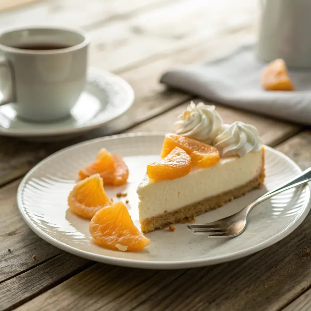 Slice of mandarin cheesecake served with whipped cream and mandarin oranges.