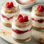 No bake raspberry cheesecake jars with fresh raspberries