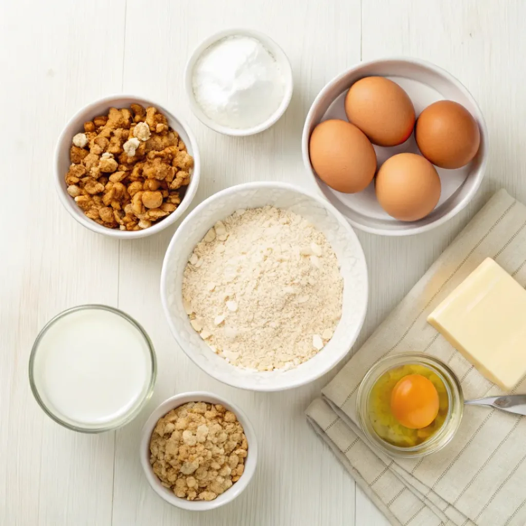 Flat lay of ingredients for oatmeal nut waffles