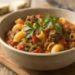 Old fashioned goulash in a bowl with parsley garnish