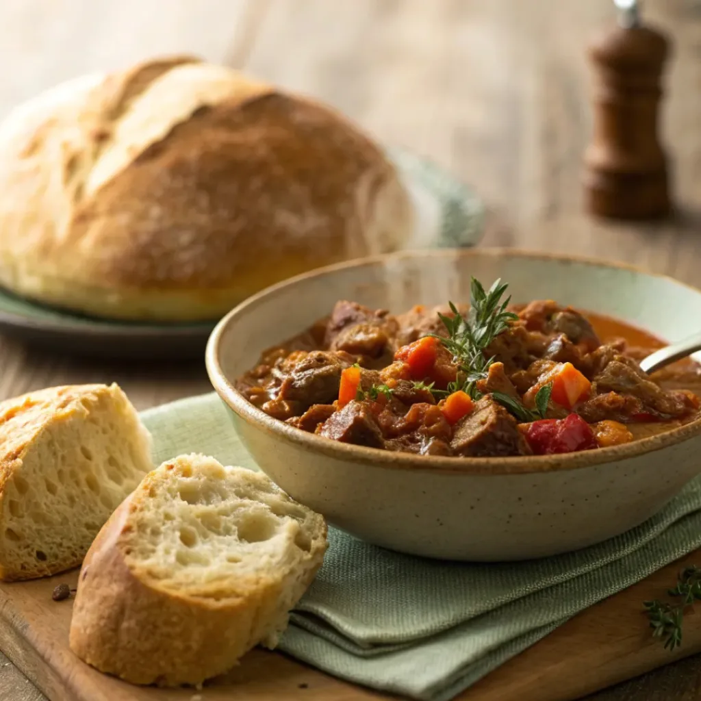 Old fashioned goulash served with crusty bread