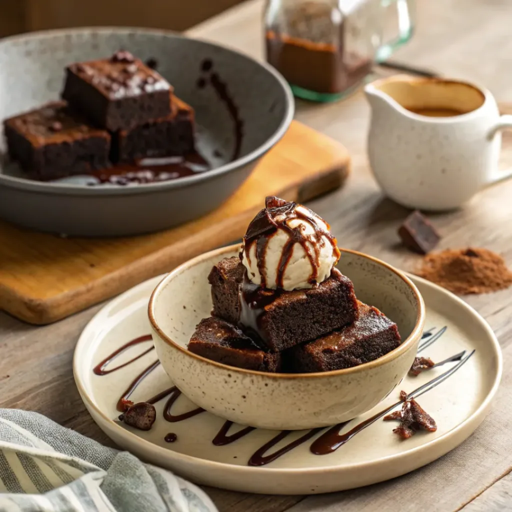 One bowl brownies served with ice cream and chocolate drizzle