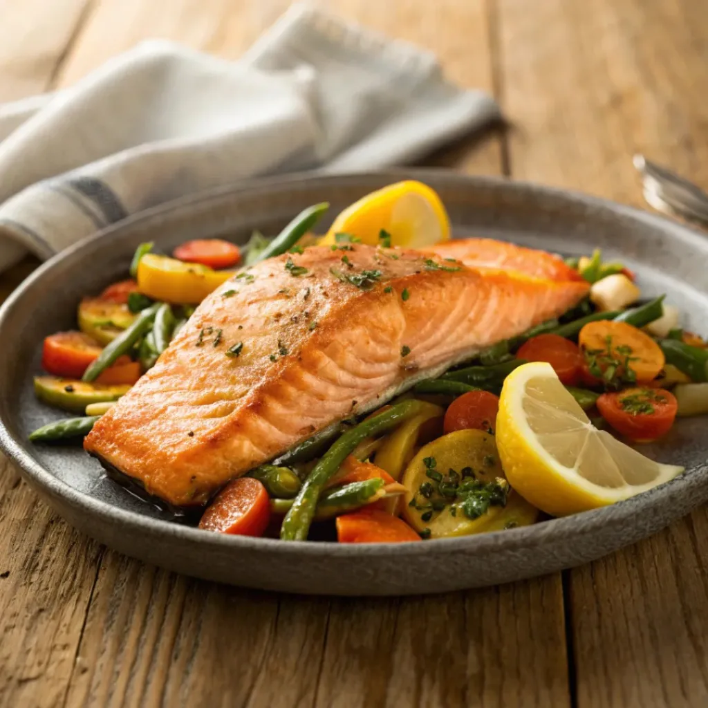 One Pan Salmon and Vegetables – Quick Healthy Dinner 8 One pan salmon and vegetables served on a plate with lemon wedges