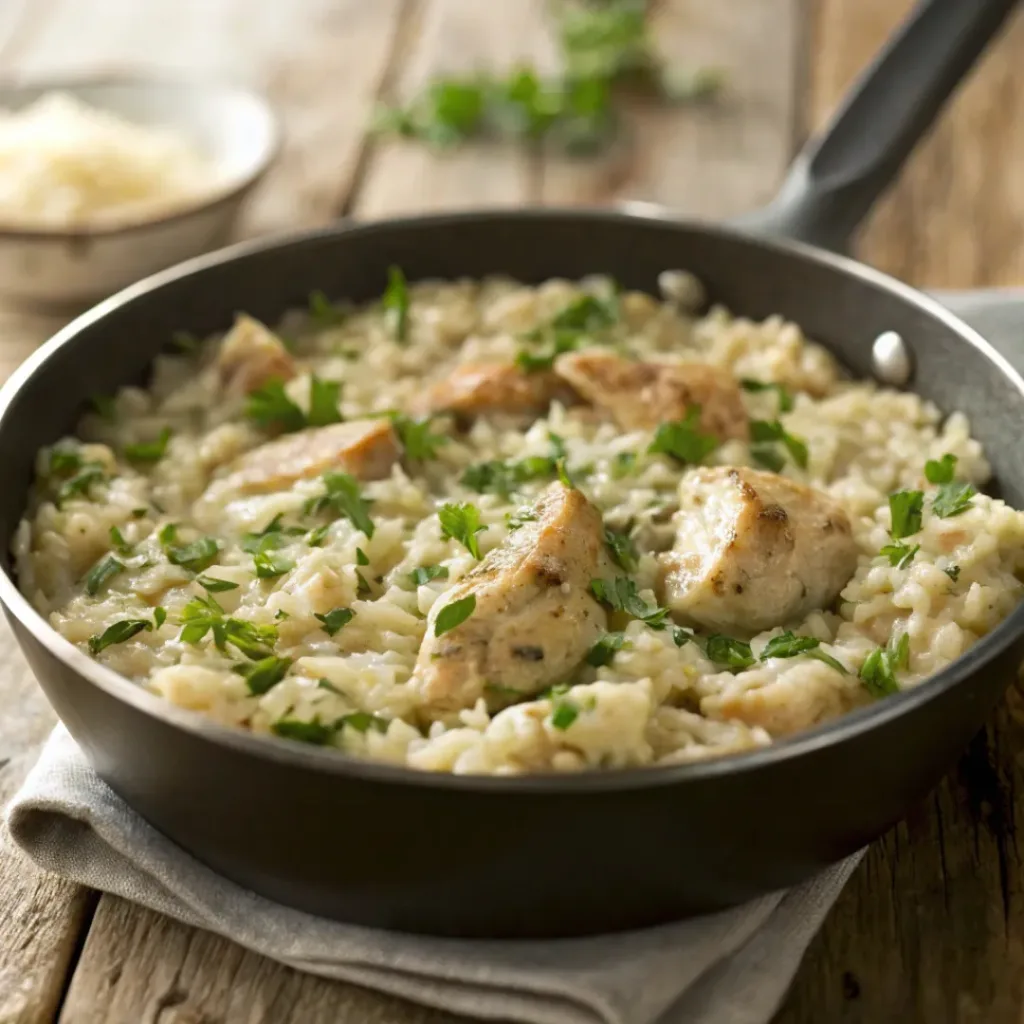 One pot creamy chicken and rice in a skillet