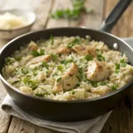 One pot creamy chicken and rice in a skillet
