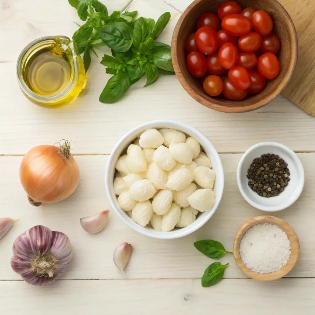 Flat lay of one pot tomato basil gnocchi ingredients