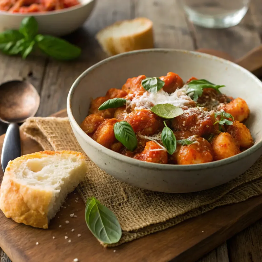 One pot tomato basil gnocchi served with Parmesan and crusty bread