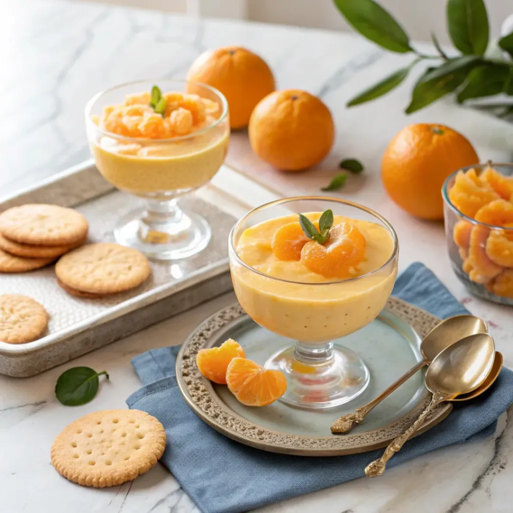 Creamy orange mandarin posset served in glasses with fresh mandarin slices and shortbread cookies.