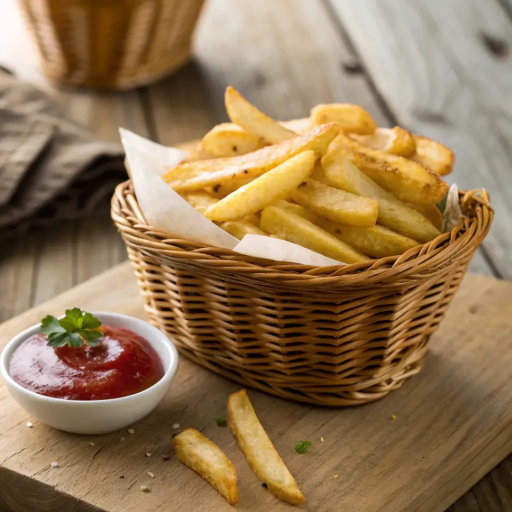 Oven baked fries served with ketchup and a drink