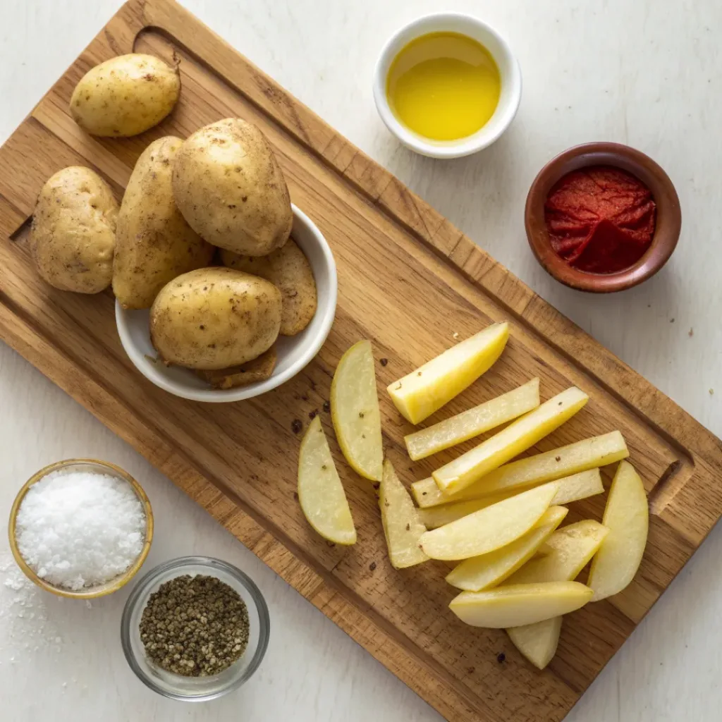 Flat lay of potatoes and seasonings for oven baked fries