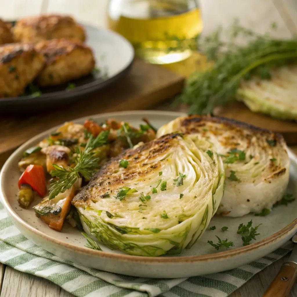Parmesan cabbage steaks roasted on a baking tray