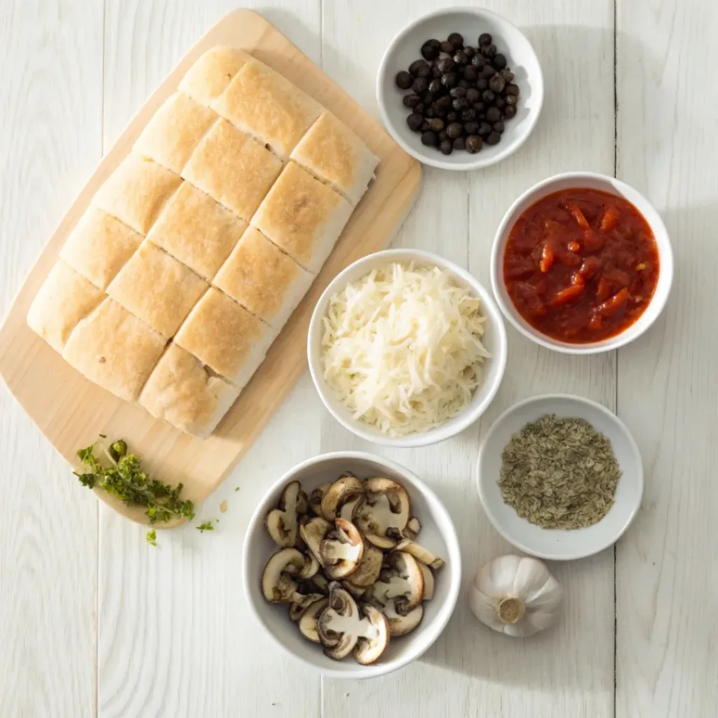 Top-down view of ingredients for pizza pull-apart bread including pizza dough, mozzarella, mushrooms, Parmesan, and Italian herbs