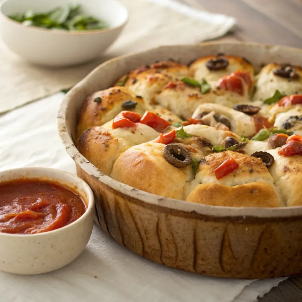Golden pizza pull-apart bread in a round dish with melted cheese, mushrooms, and Italian herbs, served with marinara sauce