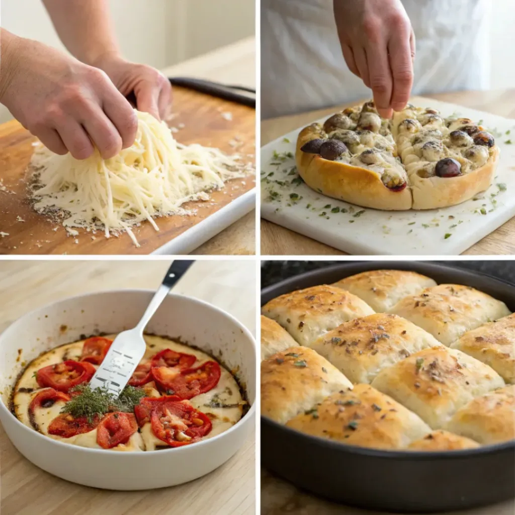 Collage showing four steps to make pizza pull-apart bread: prepping dough, layering cheese and toppings, brushing oil, and pulling apart baked bread