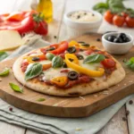 Quick naan pizza with cheese and colorful toppings