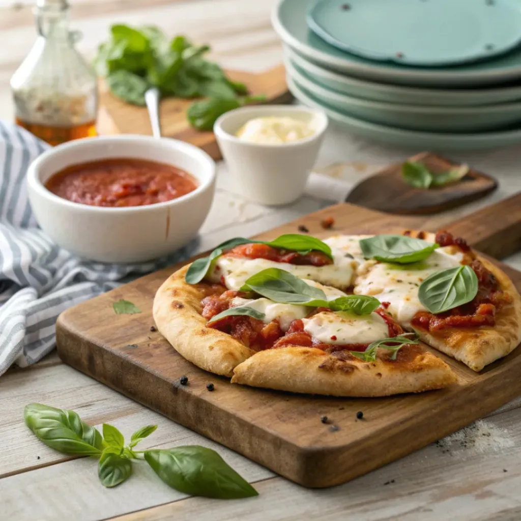 Easy Homemade Naan Pizza Recipe 8 Quick naan pizza served with fresh basil and dipping sauce