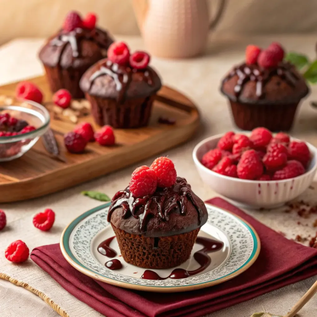 Raspberry Chocolate Lava Cupcakes – Decadent Dessert 8 Raspberry chocolate lava cupcakes served with fresh raspberries and chocolate drizzle