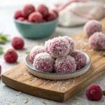 Raspberry coconut energy balls on a plate