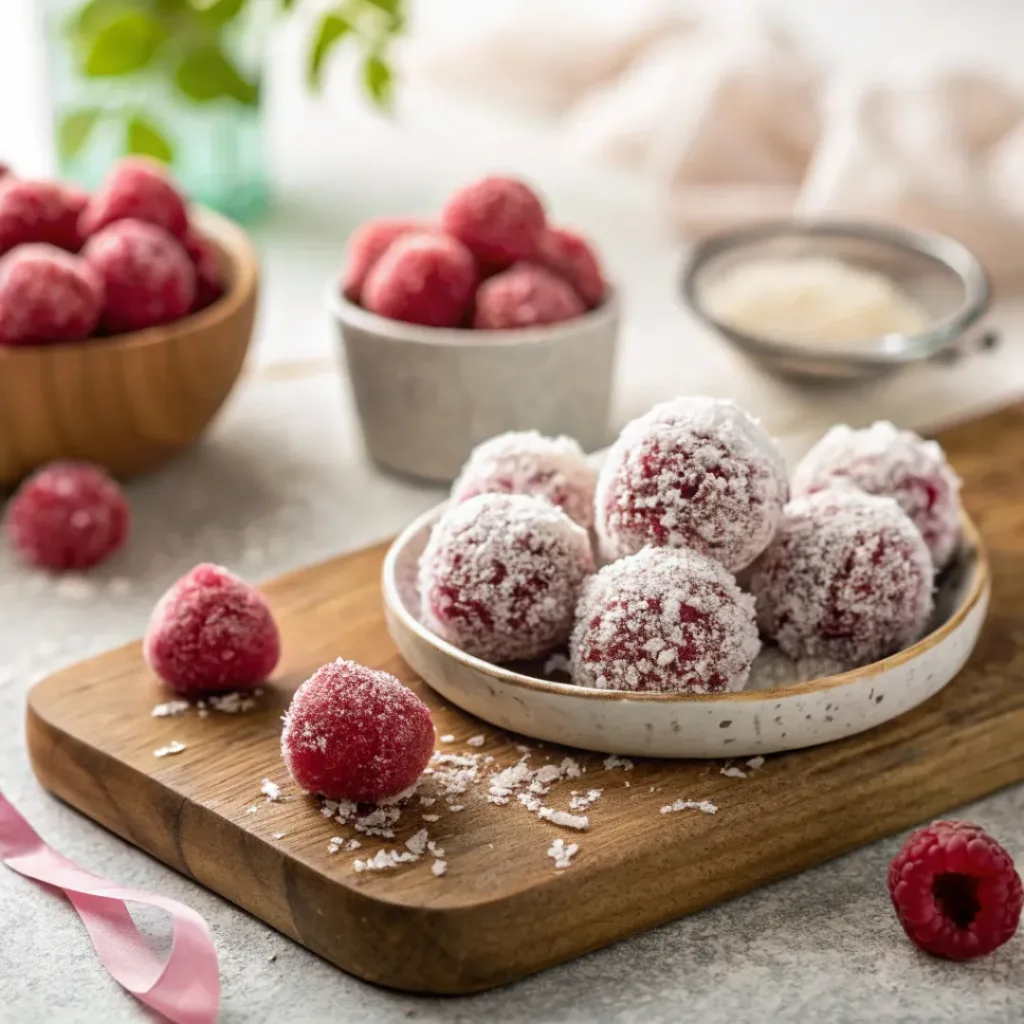 Raspberry coconut energy balls ready to eat