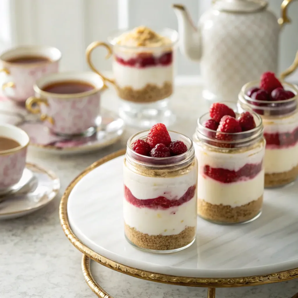 No Bake Raspberry Cheesecake Jars – Easy Make-Ahead Dessert 8 Raspberry cheesecake jars served for dessert