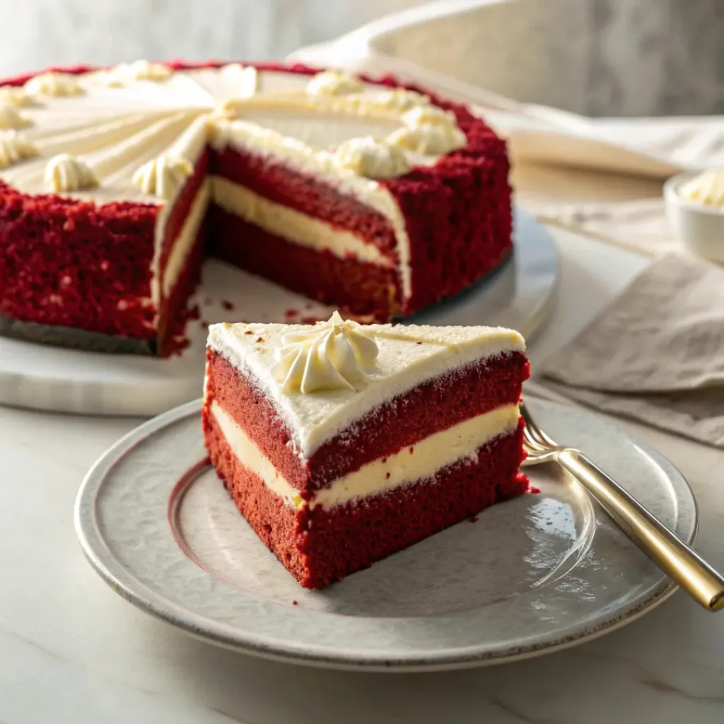 Slice of red velvet cheesecake
