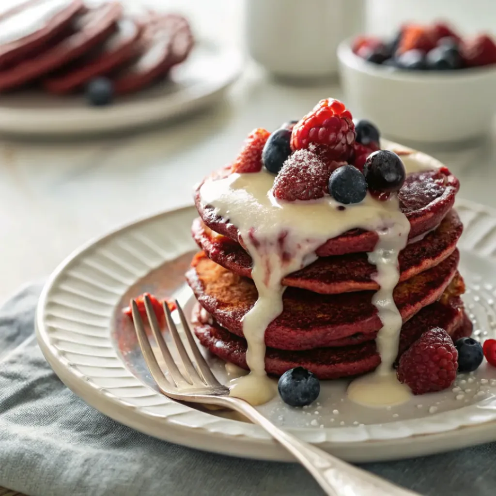 Red velvet pancakes served with cream cheese glaze