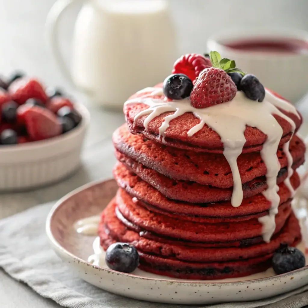Stack of red velvet pancakes with cream cheese glaze