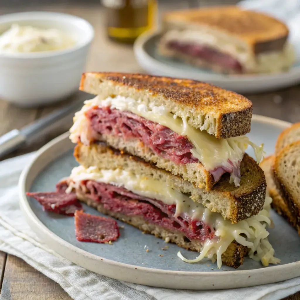 Classic Reuben sandwich with corned beef and Swiss cheese