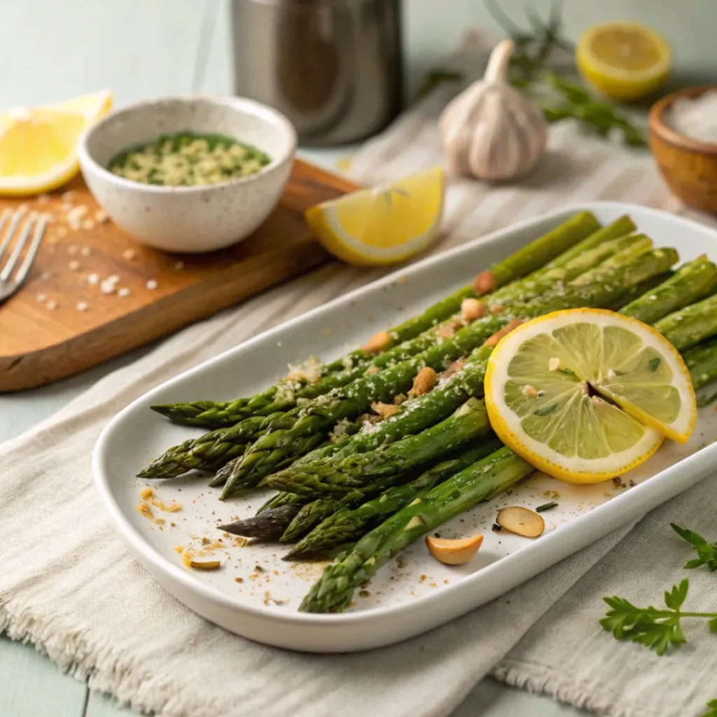 Roasted Asparagus with Lemon and Garlic – Bright, Tender, and Flavorful 8 Roasted asparagus with garlic and lemon served on a plate