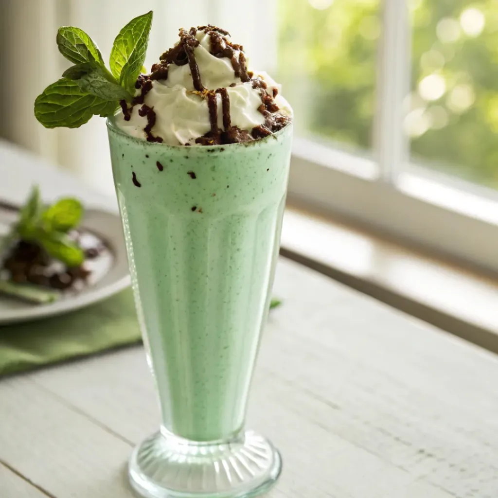 Mint green shamrock shake topped with whipped cream and chocolate shavings in a tall glass