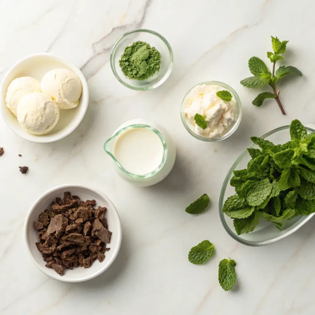 Top-down view of shamrock shake ingredients including vanilla ice cream, milk, mint extract, green food coloring, and whipped cream