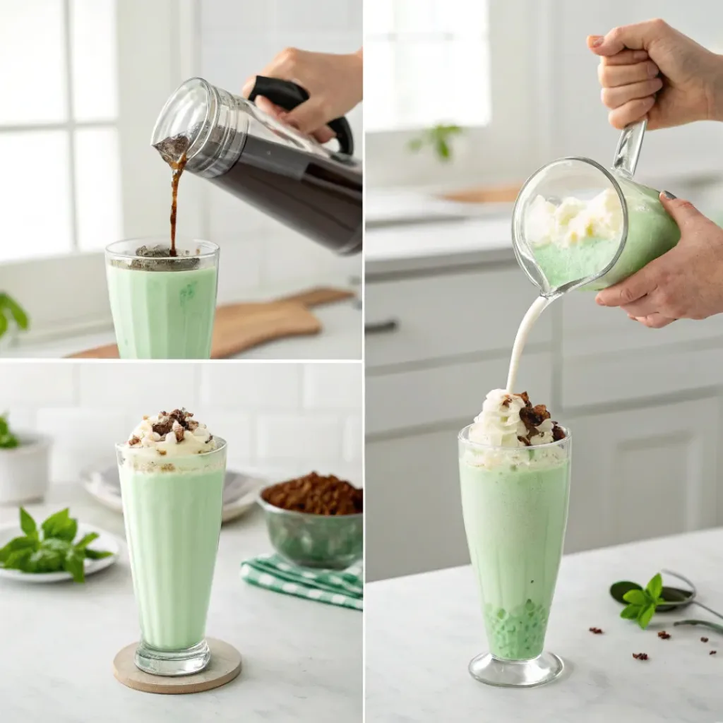 Collage showing four steps to make shamrock shakes: adding ingredients, blending, pouring, and topping
