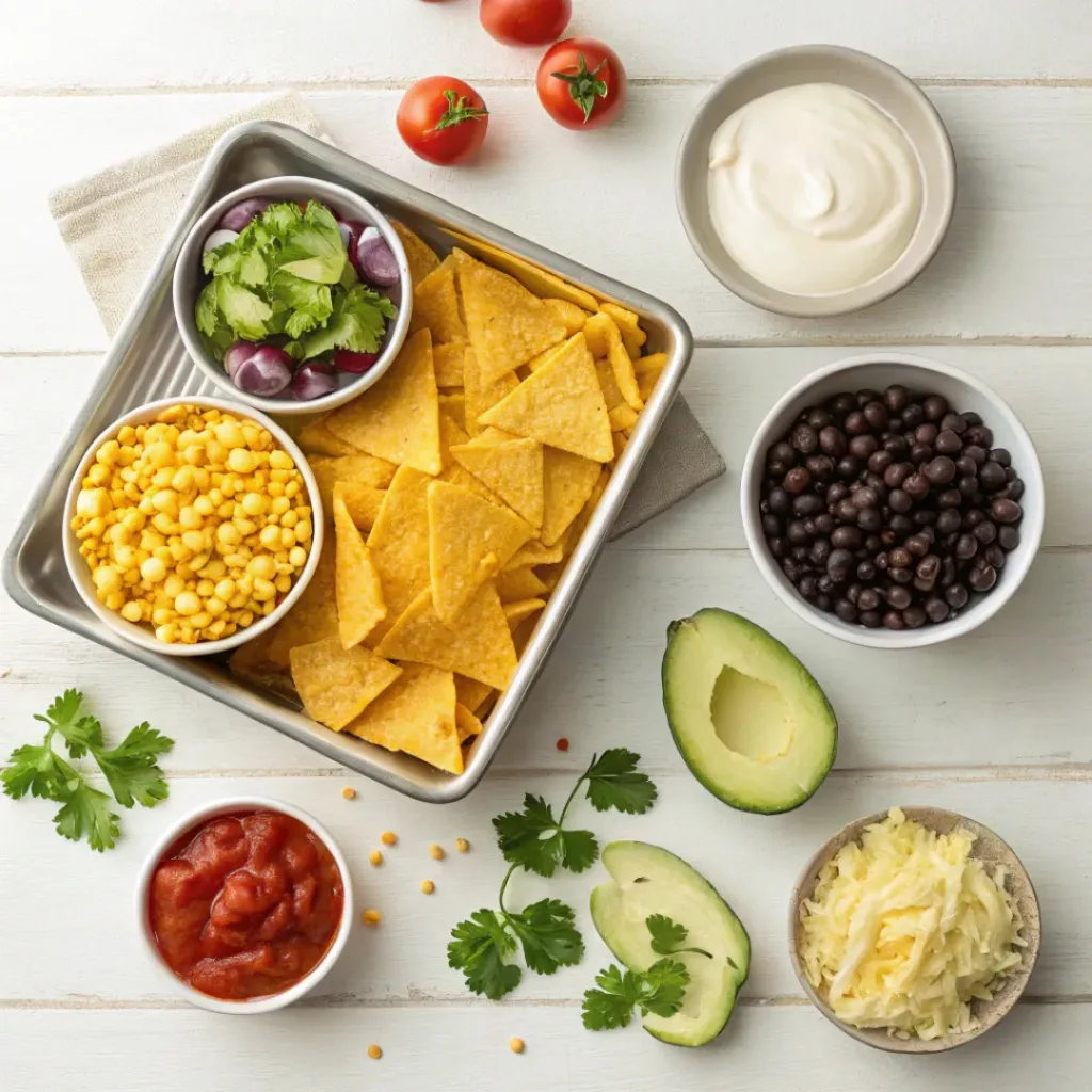 Top-down view of ingredients for sheet pan nachos including tortilla chips, cheese, beans, corn, vegetables, and avocado