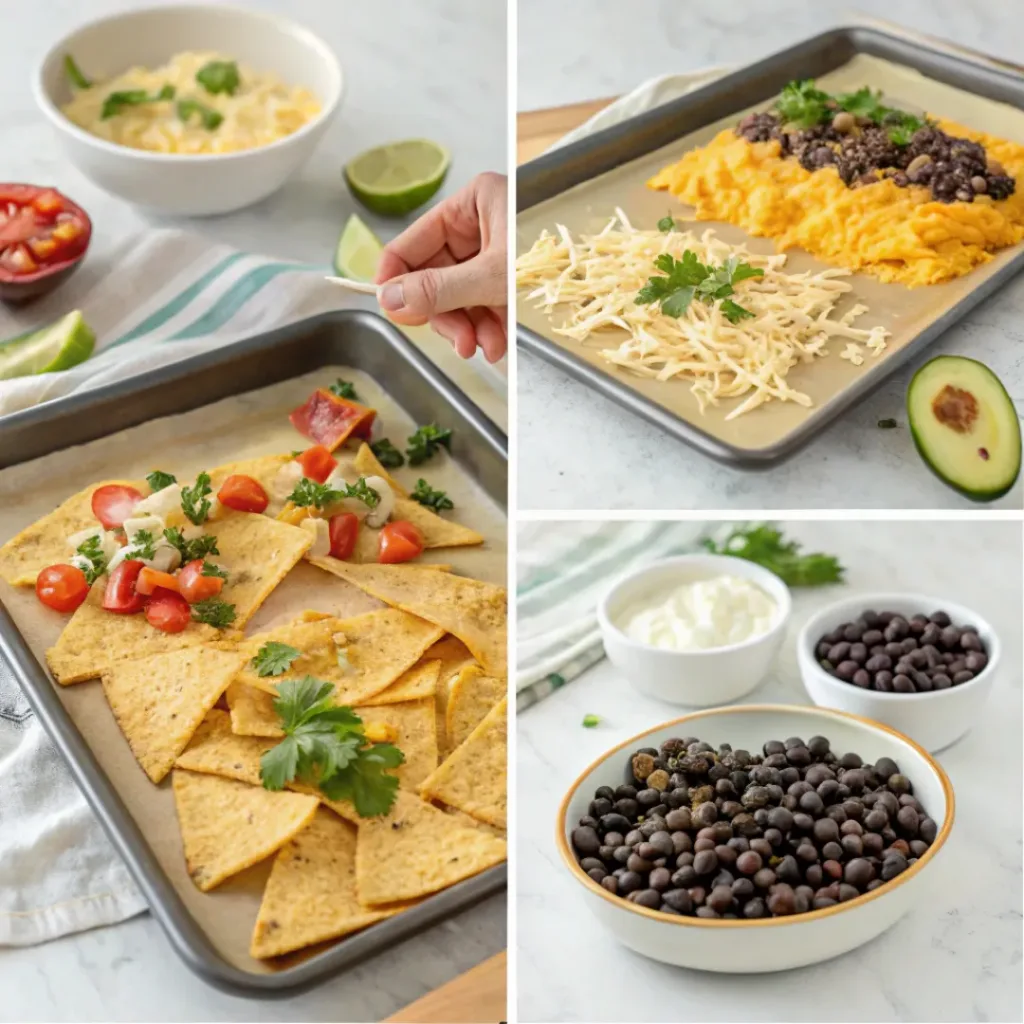 Collage showing four steps to make sheet pan nachos: layering chips, adding cheese, adding toppings, and serving with avocado and cilantro