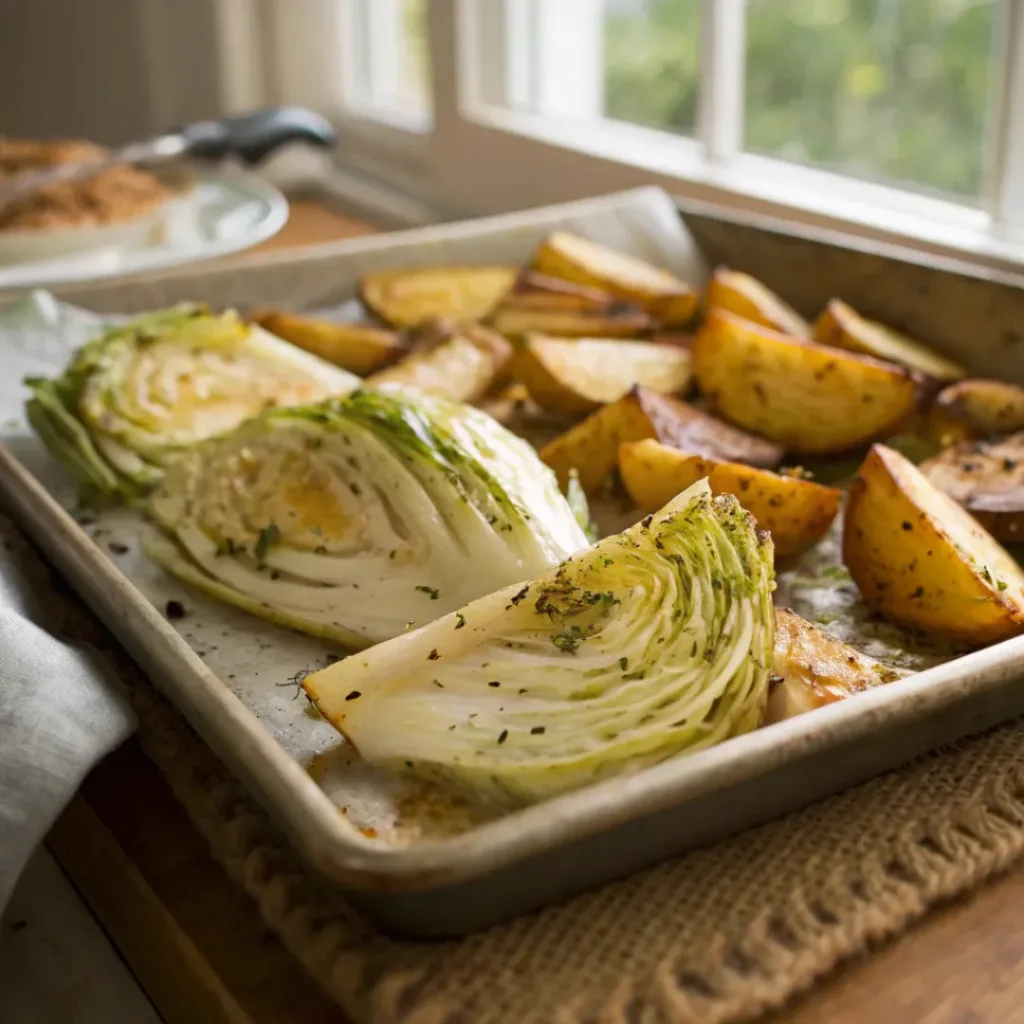 Sheet pan roasted cabbage and potatoes on a baking tray