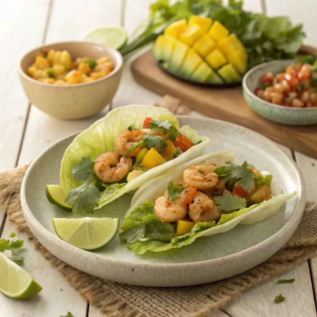 Shrimp lettuce tacos served with lime wedges and mango salsa