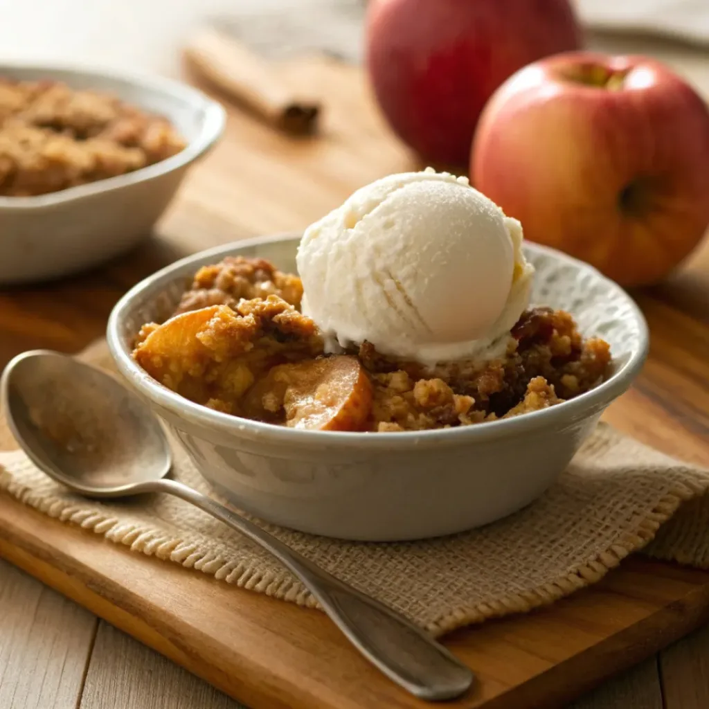 Apple crisp served with vanilla ice cream