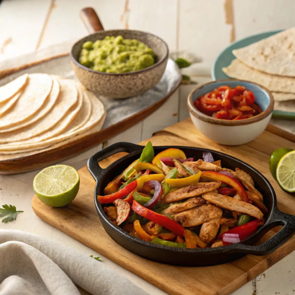 Skillet chicken fajitas served with tortillas and toppings