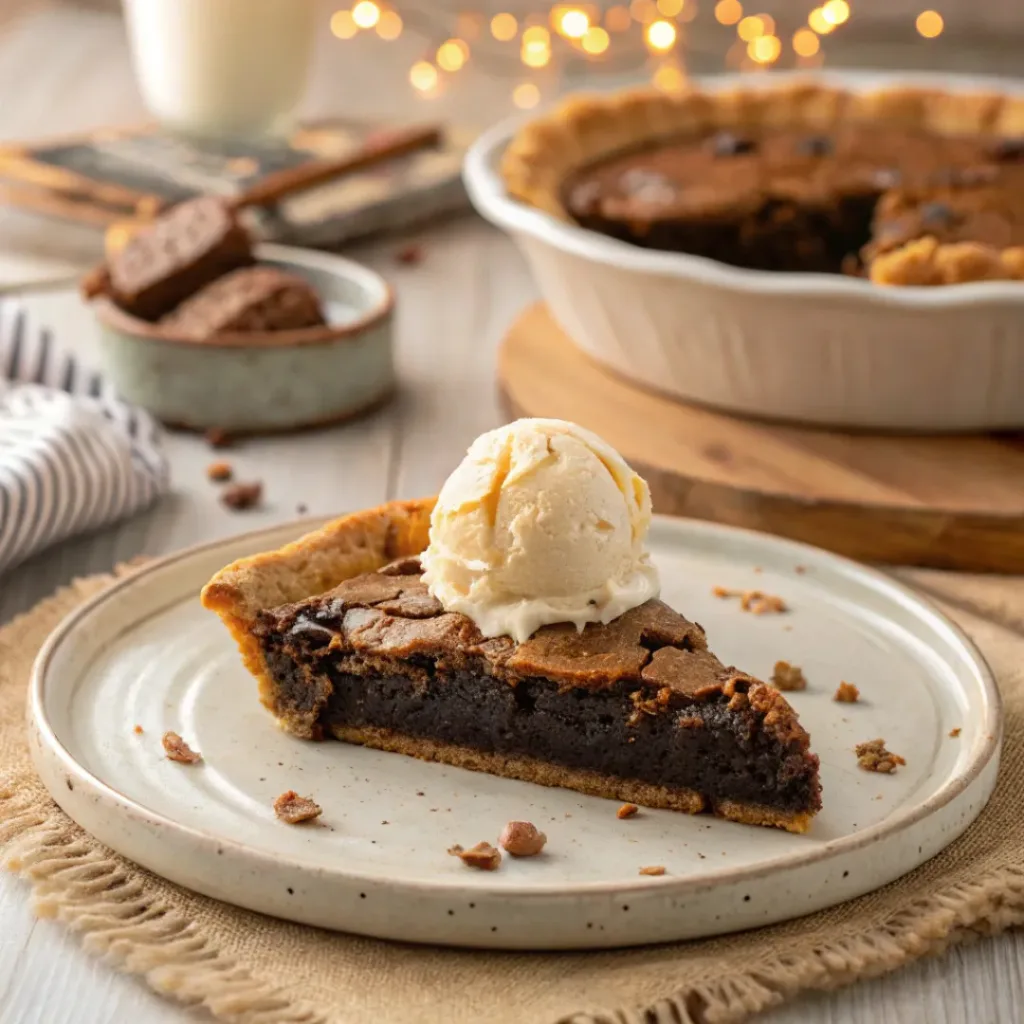Slice of gooey brownie pie with ice cream