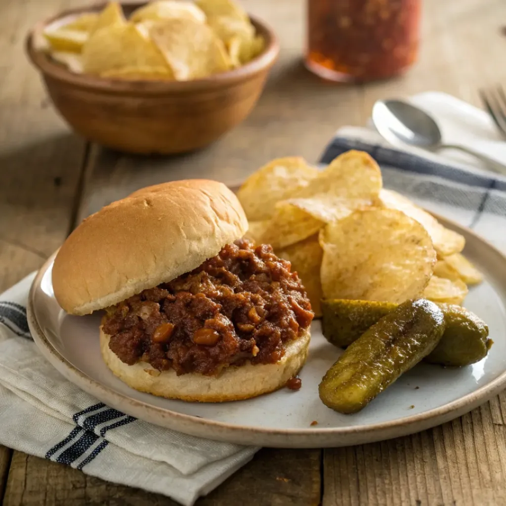 Sloppy Joes – Classic Savory Sandwiches 8 Sloppy Joe sandwich served with potato chips and pickle